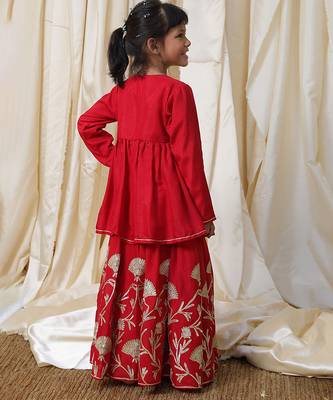 Crimson red gota embroidered cotton kurti lehenga set 3