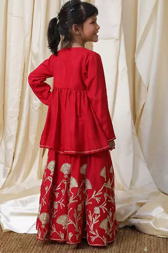 Crimson red gota embroidered cotton kurti lehenga set