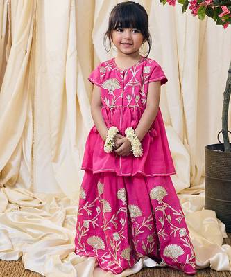 Fuchsia pink embroidered cotton kurti lehenga set 1