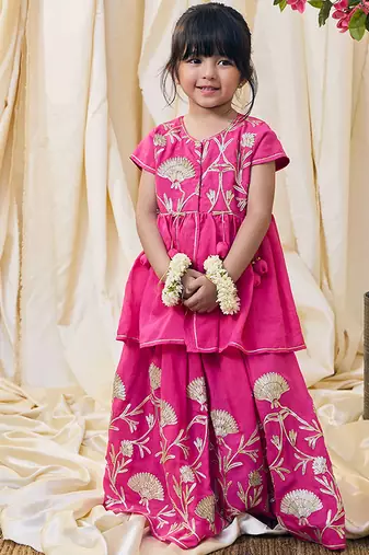 Fuchsia pink embroidered cotton kurti lehenga set