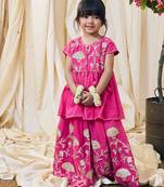 Fuchsia pink embroidered cotton kurti lehenga set