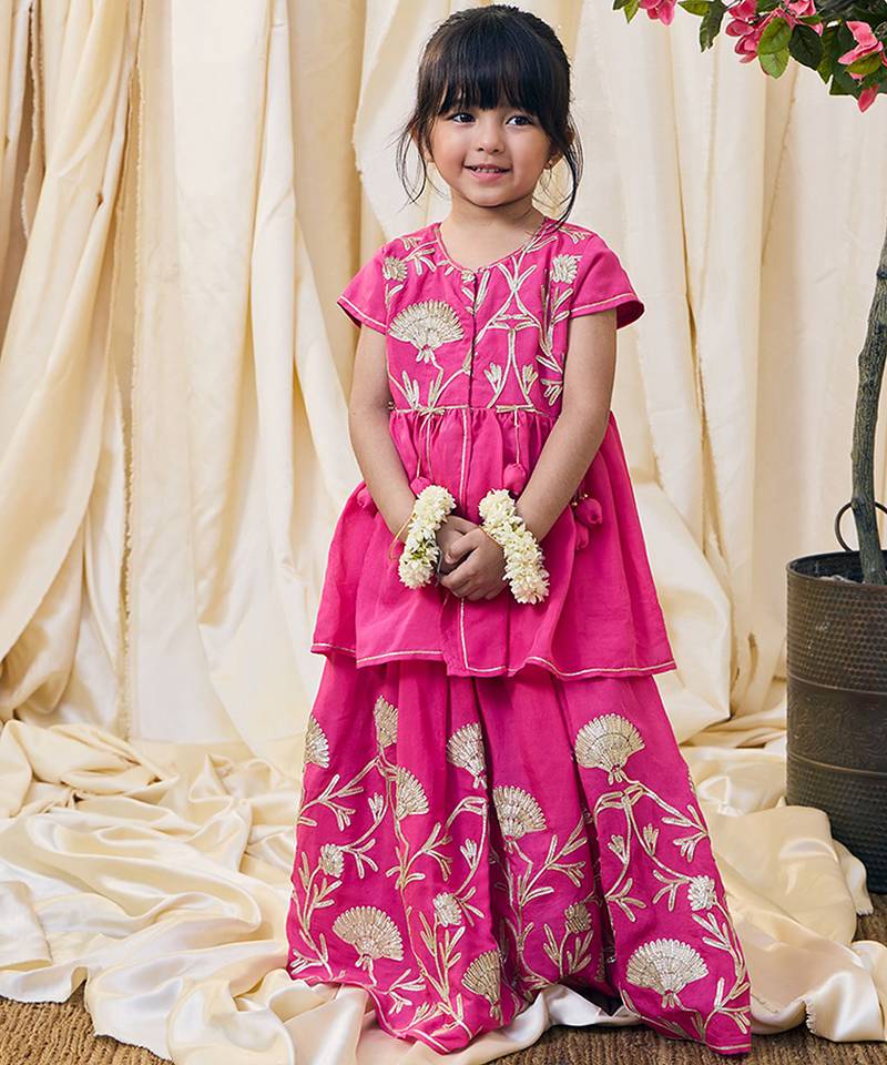 Fuchsia pink embroidered cotton kurti lehenga set