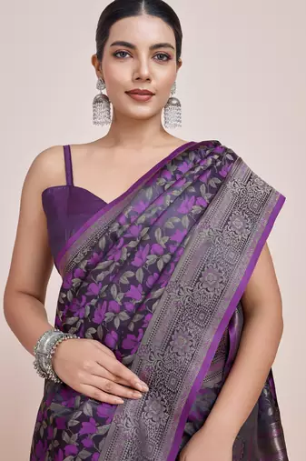 wine silk blend banarasi jacuard work saree with unstitched blouse piece