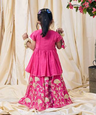 Fuchsia pink embroidered cotton kurti lehenga set 3