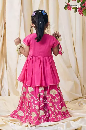 Fuchsia pink embroidered cotton kurti lehenga set