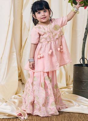 Peach pink embroidered cotton kurti lehenga set 1