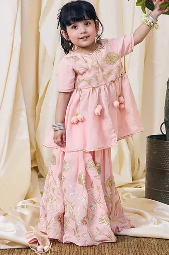 Peach pink embroidered cotton kurti lehenga set