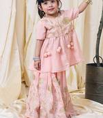Peach pink embroidered cotton kurti lehenga set