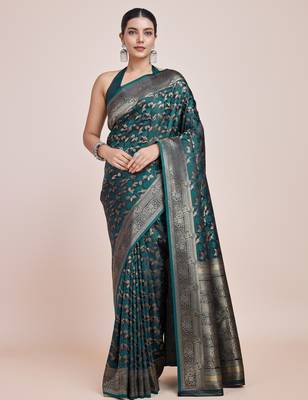 rama silk blend banarasi jacuard work saree with unstitched blouse piece 1