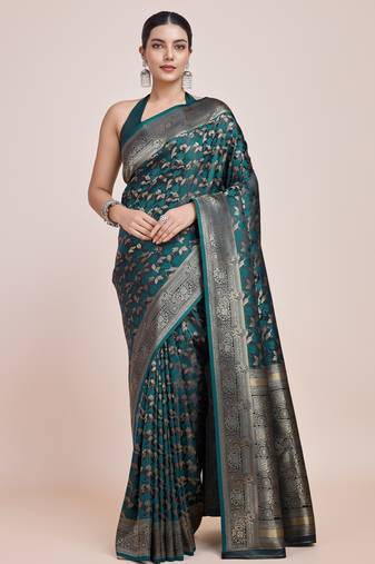 rama silk blend banarasi jacuard work saree with unstitched blouse piece