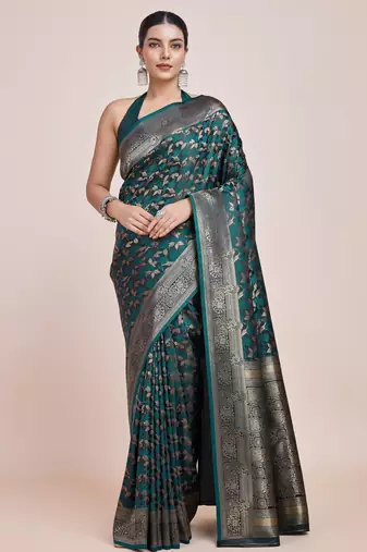 rama silk blend banarasi jacuard work saree with unstitched blouse piece