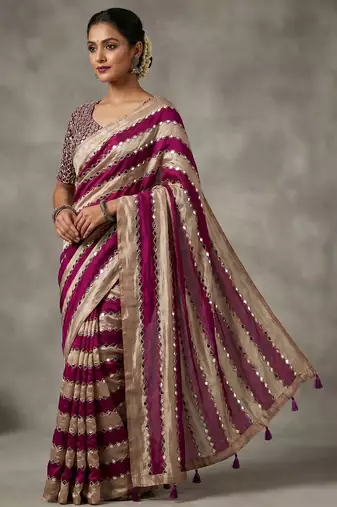 Wine Color Hand aari work with real handwork gold mirror work Silk Blend Saree