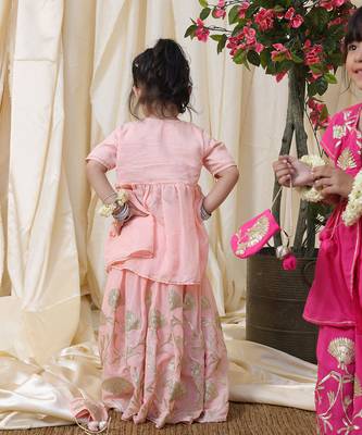 Peach pink embroidered cotton kurti lehenga set 2