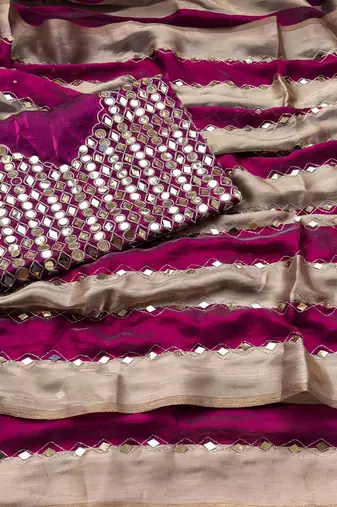 Wine Color Hand aari work with real handwork gold mirror work Silk Blend Saree