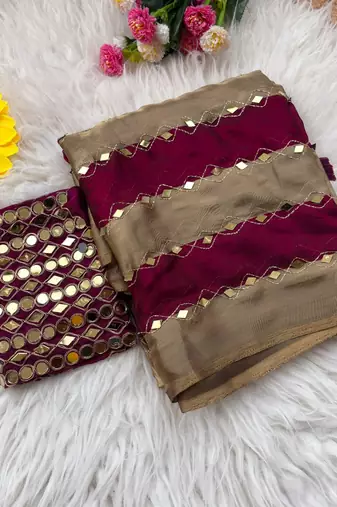 Wine Color Hand aari work with real handwork gold mirror work Silk Blend Saree