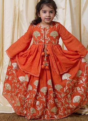 Rust orange embroidered cotton kurti lehenga set 1