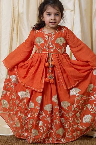 Rust orange embroidered cotton kurti lehenga set