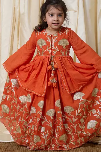 Rust orange embroidered cotton kurti lehenga set