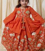 Rust orange embroidered cotton kurti lehenga set