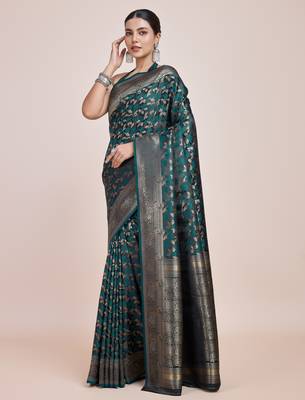 rama silk blend banarasi jacuard work saree with unstitched blouse piece 2