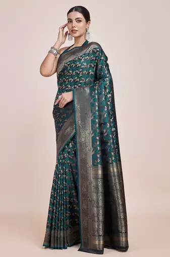rama silk blend banarasi jacuard work saree with unstitched blouse piece