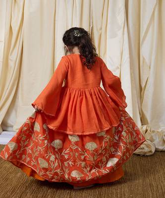 Rust orange embroidered cotton kurti lehenga set 2