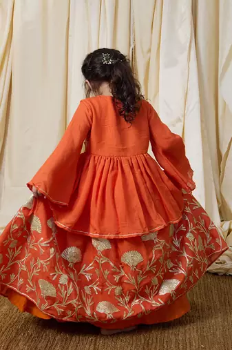 Rust orange embroidered cotton kurti lehenga set