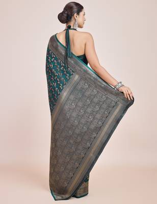 rama silk blend banarasi jacuard work saree with unstitched blouse piece 3
