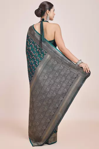 rama silk blend banarasi jacuard work saree with unstitched blouse piece