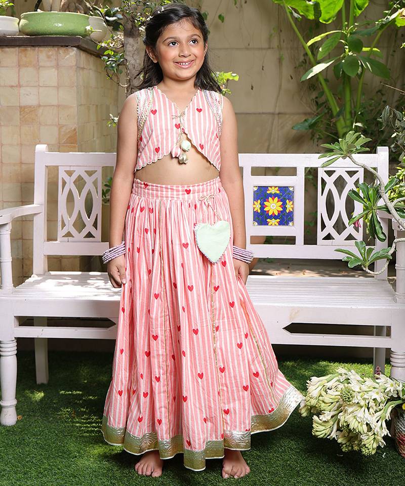 Pastel peach stripes printed cotton lehenga choli