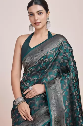 rama silk blend banarasi jacuard work saree with unstitched blouse piece