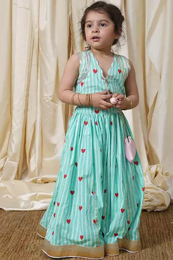 Mint green stripes printed cotton lehenga choli
