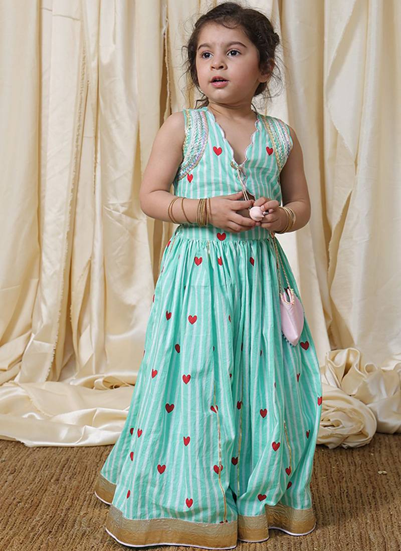 Mint green stripes printed cotton lehenga choli