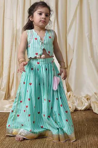 Mint green stripes printed cotton lehenga choli