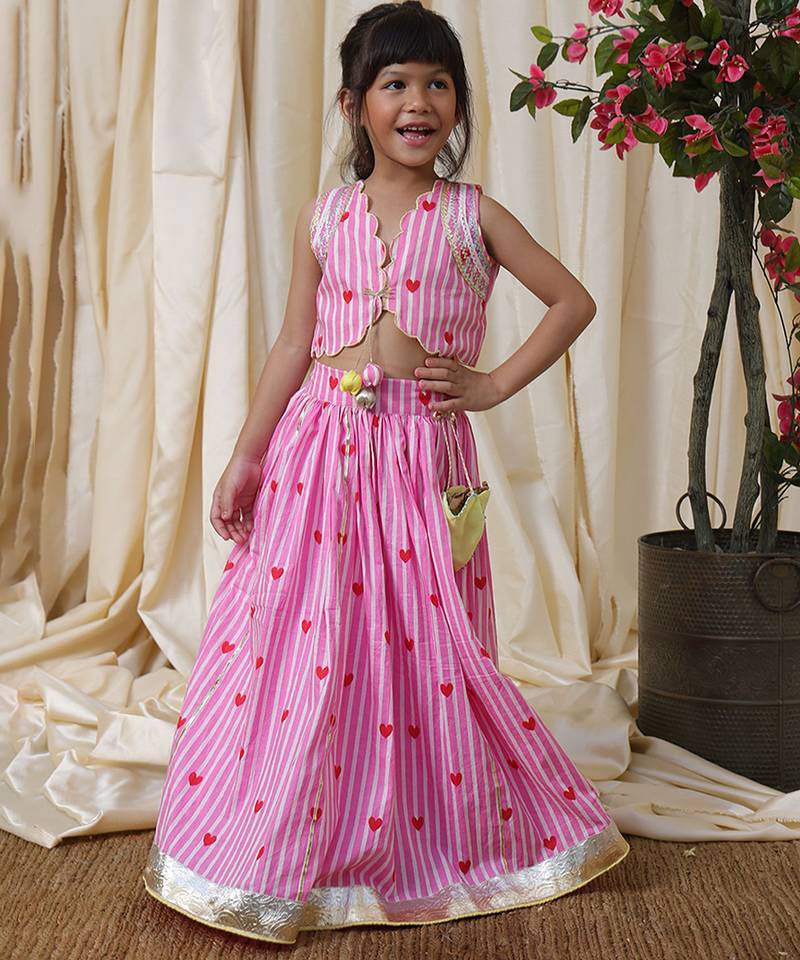 Pink stripes printed cotton lehenga choli