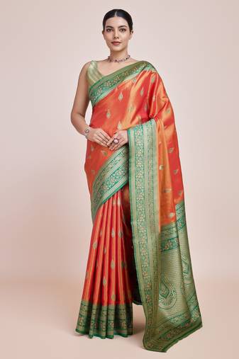 orange silk blend banarasi jacuard work saree with unstitched blouse piece