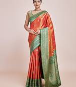 orange silk blend banarasi jacuard work saree with unstitched blouse piece