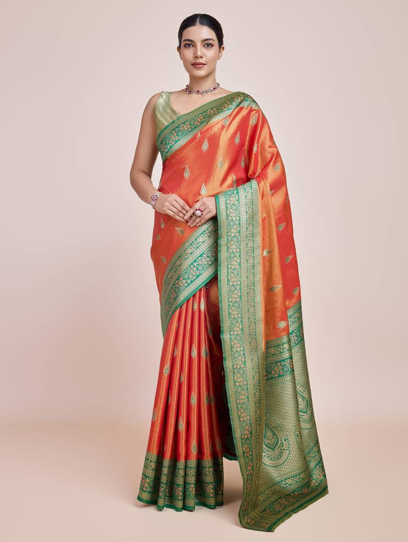 orange silk blend banarasi jacuard work saree with unstitched blouse piece