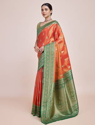 orange silk blend banarasi jacuard work saree with unstitched blouse piece 2