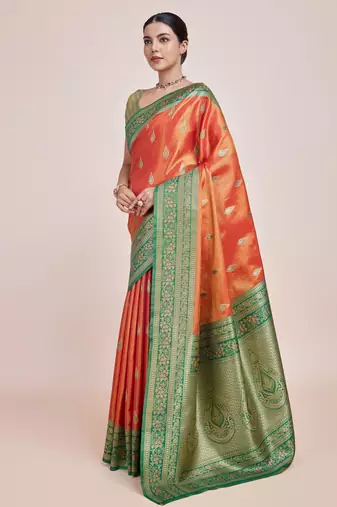 orange silk blend banarasi jacuard work saree with unstitched blouse piece