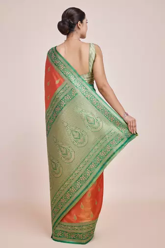 orange silk blend banarasi jacuard work saree with unstitched blouse piece