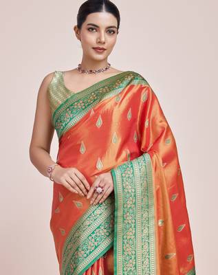 orange silk blend banarasi jacuard work saree with unstitched blouse piece 4