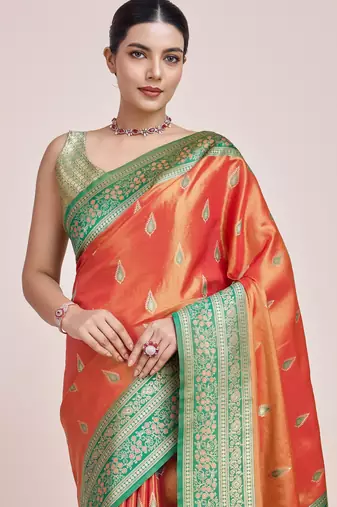 orange silk blend banarasi jacuard work saree with unstitched blouse piece