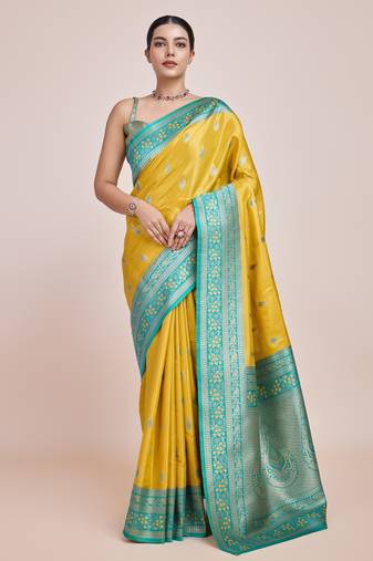 yellow silk blend banarasi jacuard work saree with unstitched blouse piece
