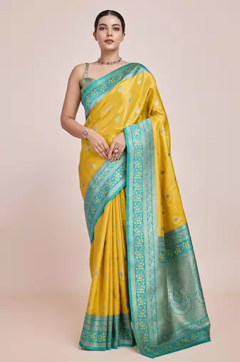 yellow silk blend banarasi jacuard work saree with unstitched blouse piece