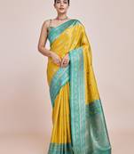 yellow silk blend banarasi jacuard work saree with unstitched blouse piece
