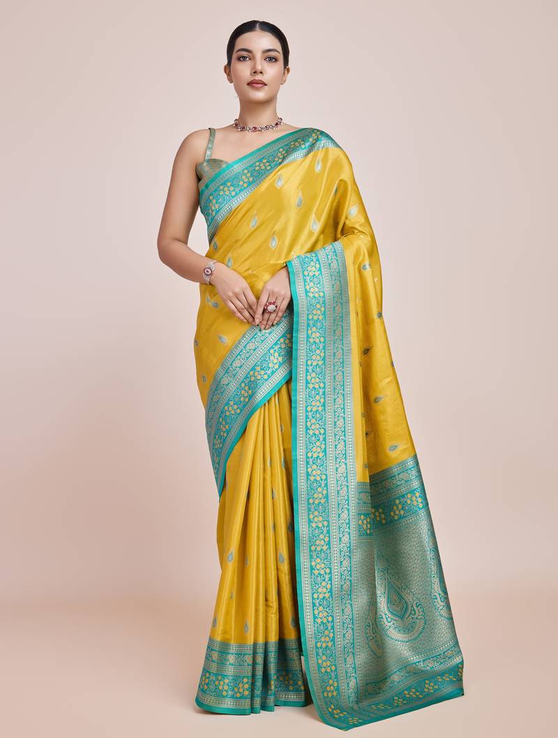 yellow silk blend banarasi jacuard work saree with unstitched blouse piece
