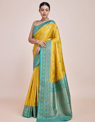 yellow silk blend banarasi jacuard work saree with unstitched blouse piece 2