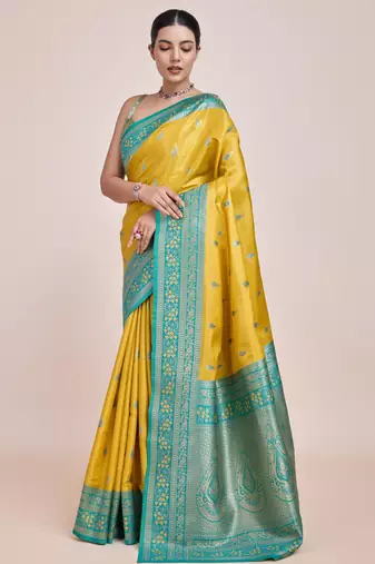 yellow silk blend banarasi jacuard work saree with unstitched blouse piece