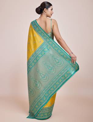 yellow silk blend banarasi jacuard work saree with unstitched blouse piece 3